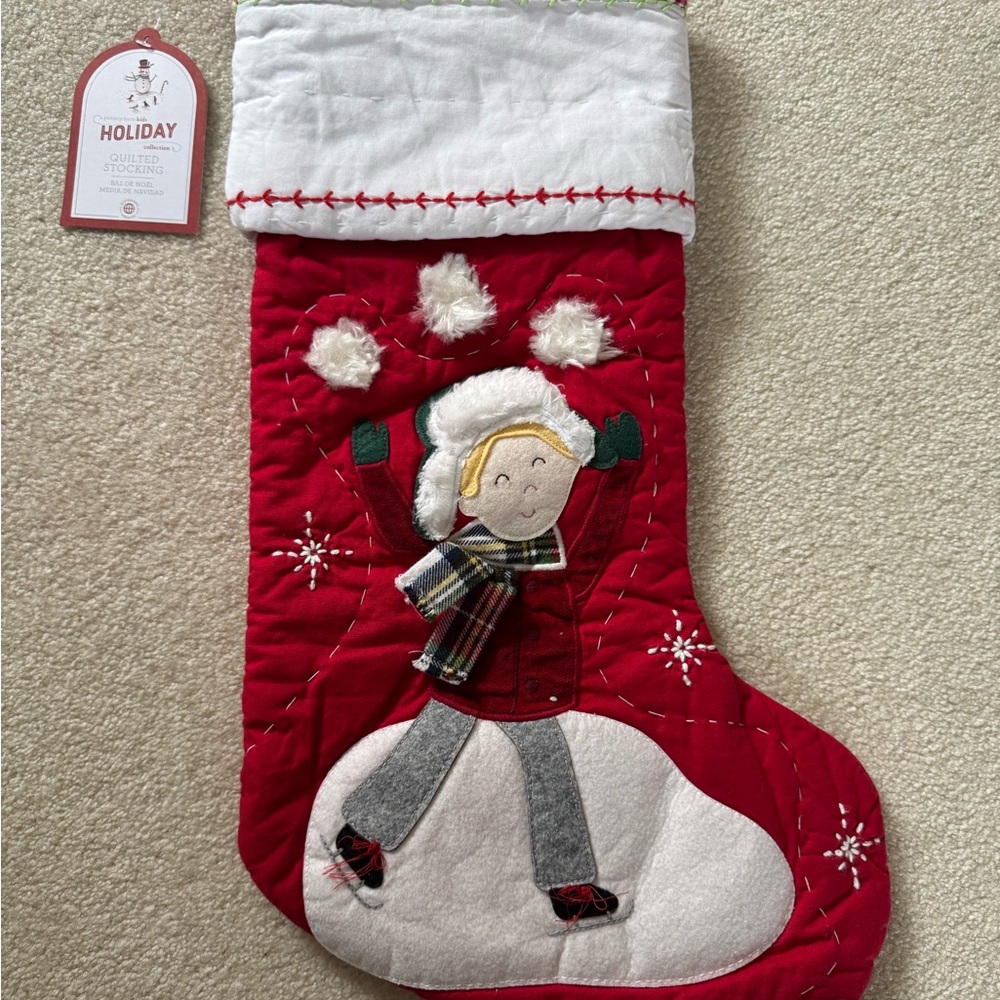 Pottery Barn Kids Red Quilted Christmas Stocking Blonde Skater Boy